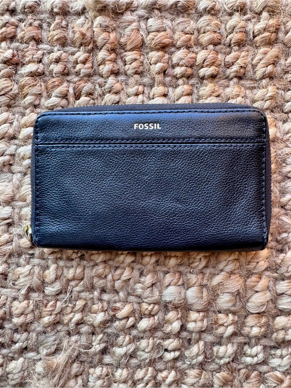 Fossil Black Leather Zip Wallet with Gold Logo